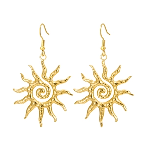 Golden stainless steel sun pendant earrings with spiral sunburst design on white background