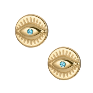 Gold-plated stainless steel Evil Eye stud earrings with a central blue gemstone setting