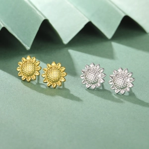 Eleganti orecchini a lobo a forma di girasole in oro e argento in robusto acciaio titanio