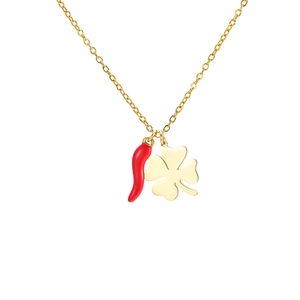 Collar de acero inoxidable 304 con chile de esmalte rojo y amuleto de trébol dorado
