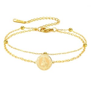 Bracelet double rang St Dymphna en acier inoxydable doré avec médaille religieuse