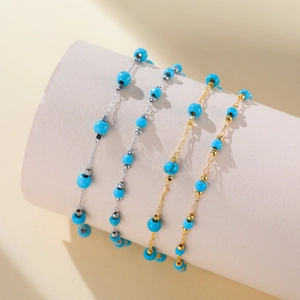 Bohemian Stainless Steel Beaded Bracelet For Women 18K Gold Plated Turquoise Imitation Artificial Pearl Chain Jewelry Vacation Gift