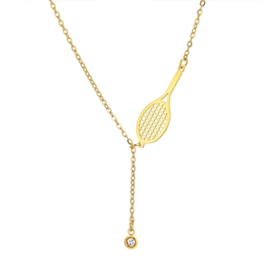 Collana con racchetta da tennis dorata in acciaio inossidabile con zircone tondo