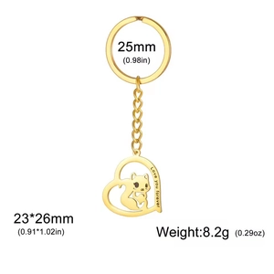 Golden stainless steel squirrel heart keychain with Love you forever engraving and measurements