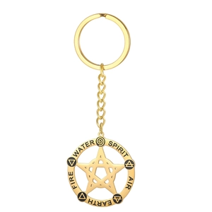 Golden 304 stainless steel pentagram keychain with five natural elements engraving