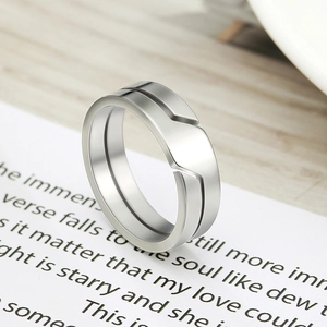 Detailed view of silver stainless steel ring with interlocking grooves on a white card