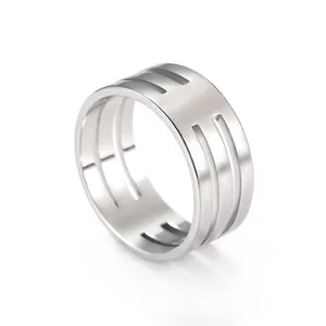 Modern minimalist stainless steel wide band ring with three parallel cutout lines