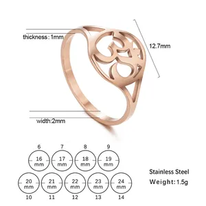 Detailed ring size guide for rose gold stainless steel Om ring with inner diameter chart