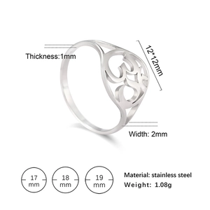 Silver stainless steel hollow Om symbol ring with detailed product dimensions and specs