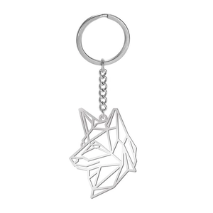 Llavero con colgante de cabeza de lobo geométrico en acero inoxidable plateado minimalista