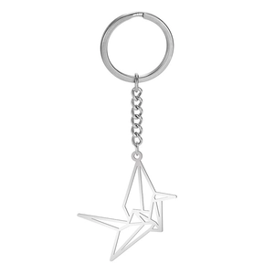 Polished stainless steel keychain featuring a minimalist origami crane hollow design