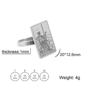 Detailed size chart and specifications for the Queen of Swords tarot card steel ring