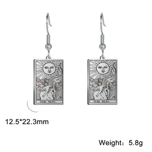 Detail view of Silver Sun Tarot card earrings showing dimensions 12.5x22.3mm and weight