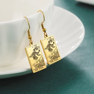 Vintage Stainless Steel Tarot Card Earrings For Women Engraved Rectangle The Fool Sun Moon Star Fashion Jewelry