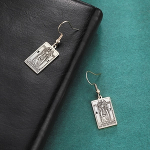 Vintage silver The High Priestess tarot card earrings with rectangle charm drop