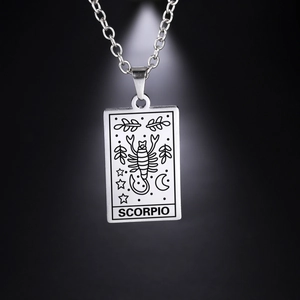 Stainless Steel Vintage Tarot Card Zodiac Sign Pendant Necklace For Women Men Twelve Constellation Jewelry Gift
