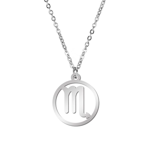 Close-up of Scorpio zodiac pendant necklace with silver hollow circular design