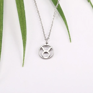 Detail of Taurus zodiac hollow pendant on thin stainless steel chain over green leaves