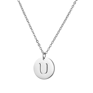 Minimalist silver stainless steel round coin necklace featuring engraved capital letter U