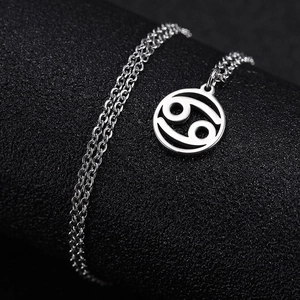 Macro shot of silver Cancer zodiac pendant necklace with hollow circular design