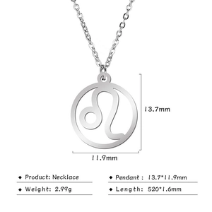 Silver Leo zodiac pendant necklace in stainless steel with size and weight specifications