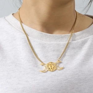 18k gold plated stainless steel triple moon and hexagram star pendant necklace on model