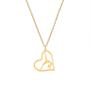 Collier en acier inoxydable doré avec pendentif cœur évidé et silhouette de gymnaste