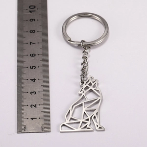 Detailed size view of a geometric hollow wolf keychain made of durable stainless steel