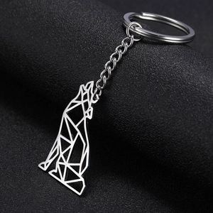 Detailed close-up of a hollow geometric howling wolf pendant on a steel keychain