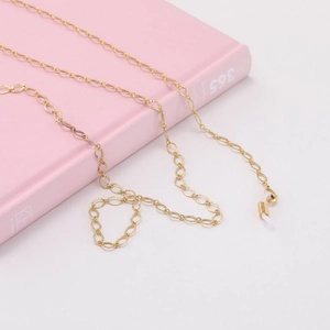 Golden textured hollow diamond link chain for eyewear and masks with non-slip silicone loops
