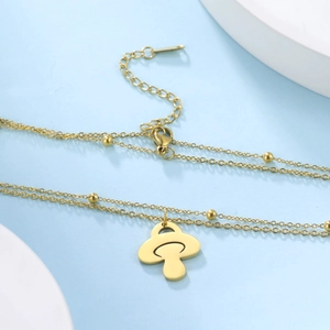 Collier double rang en acier inoxydable doré 18K avec pendentif champignon et perles