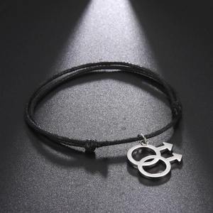 Adjustable black cord bracelet with silver double male mars symbol pendant for men