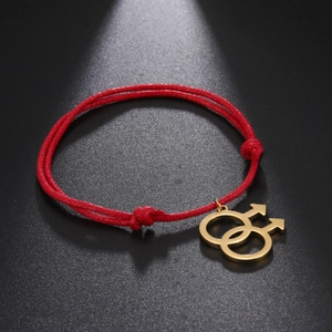 Adjustable red cord bracelet with golden double male Mars symbol charm for men