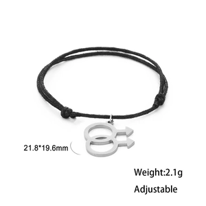 Adjustable black cord bracelet with silver double mars male symbol pendant charm