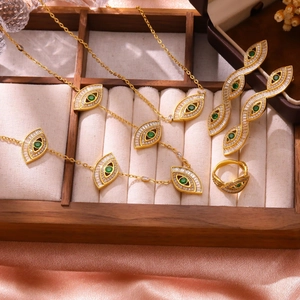 Vintage Stainless Steel Evil Eye Necklace Long Drop Earrings And Ring Gold Plated Green Zirconia Jewelry For Women