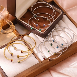 Bracciale Rigido Aperto in Acciaio Inossidabile Minimalista da Donna con Doppio Gemme Rotonde Geometriche Gioielli Regalo