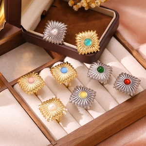 Bague Vintage en Acier Inoxydable Motif Rayon de Soleil pour Femme Künstliche Perle Synthétique Pierre Naturelle Incrustée Bijoux de Mode Bohème