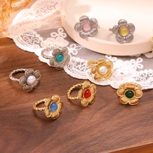 Vintage 18K gold plated stainless steel flower rings with colorful turquoise and pearls