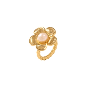 18K gold plated flower open ring with central pearl and twisted textured band