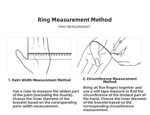 Guía de tallas para brazaletes mostrando métodos de medida de ancho de mano y circunferencia