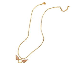 Goldene Engel-Halskette mit rosa Edelsteinen und 18k Gold-Perlenkette für Damen