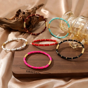 Set of 6 colorful enamel bamboo style stainless steel bracelets with 6.8cm diameter