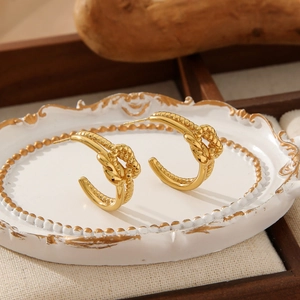 Retro irregular titanium steel gold earrings with braided rope design on vintage plate