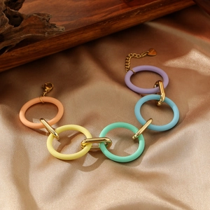 Colorful acrylic and stainless steel bracelet with macaron matte rings and golden chain