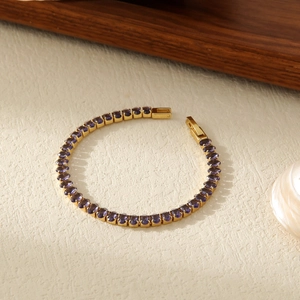 18k gold plated stainless steel tennis bracelet with purple oval crystals for women
