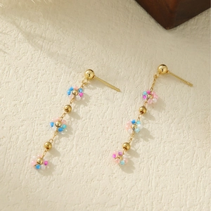 Elegant daisy floral tassel earrings with colorful beads and gold metal chain links