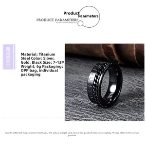 Anillo giratorio vikingo de acero de titanio negro para hombre con cadena y grabado