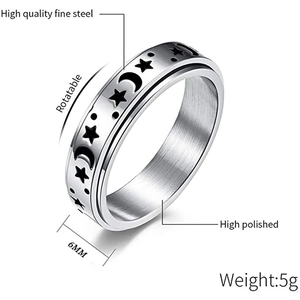 Anillo giratorio de acero fino de 6mm con acabado pulido y patrones de luna y estrellas