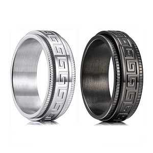 Vintage titanium stalen roterende ring met Chinees muurpatroon in zilver en zwart