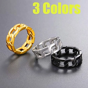 Minimalist stainless steel chain link rings in gold, silver and black finishes